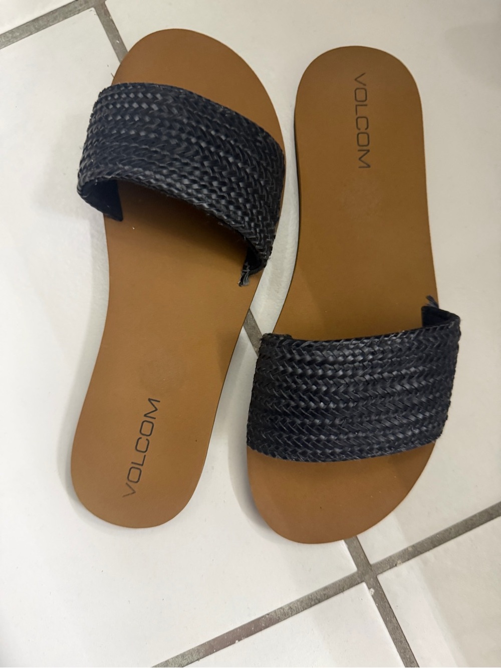 Volcom Women’s Black Woven Strap Slide Sandals with Tan Footbed